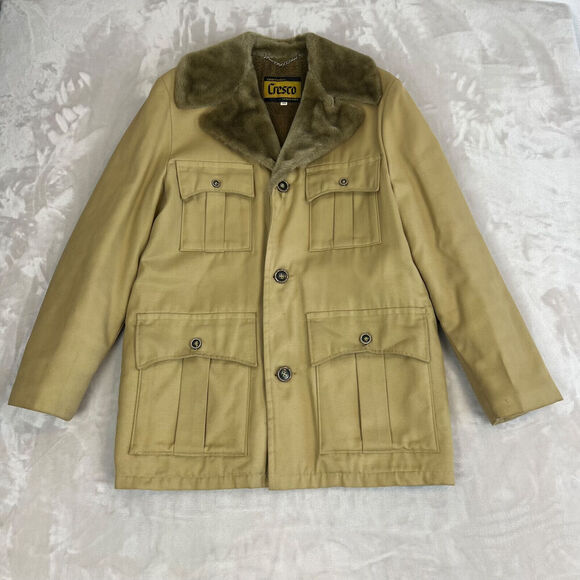 VTG Cresco Coat Mens 38 Tan Fur Lined Overcoat Outdoors Safari Hunting READ - Picture 1 of 16